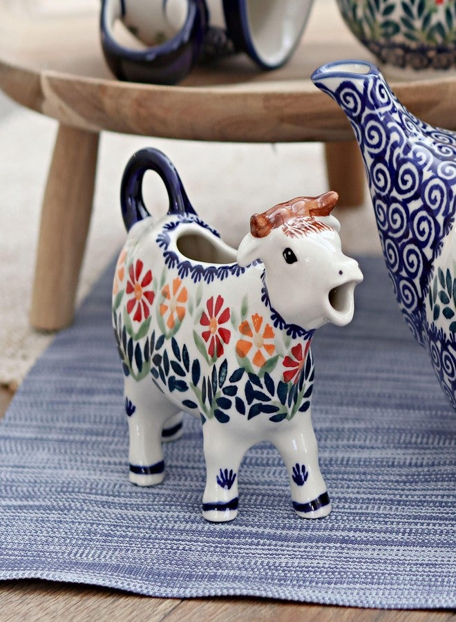Blue Rose Pottery Blue Rose Polish Pottery - Orange Garden Bouquet Cow Creamer - 5 oz Capacity - Ceramic Cream Pitcher in Cow Shape - Image 2