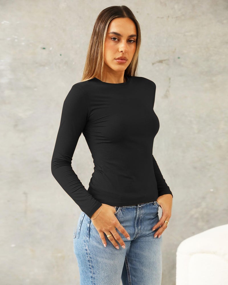 Abardsion Women's Long Sleeve Shirts Spring 2026 Casual Basic Going Out Crop Tops Slim Fit Tight Y2K Clothes(Black, S) - Image 3