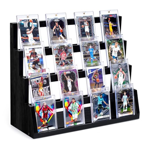 Emfogo Card Display Stand 4Tier Trading Card Display Wooden Graded Sports Card Display Trading Card Display Stand for Card Collection Show Black - Image 1