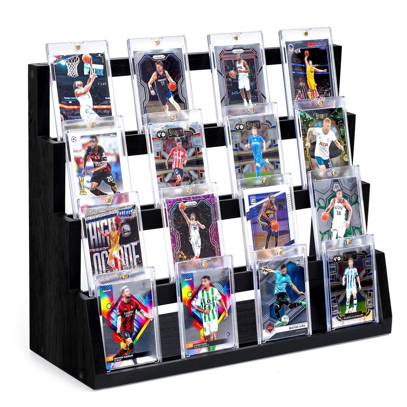 Emfogo Card Display Stand 4Tier Trading Card Display Wooden Graded Sports Card Display Trading Card Display Stand for Card Collection Show Black - Image 2