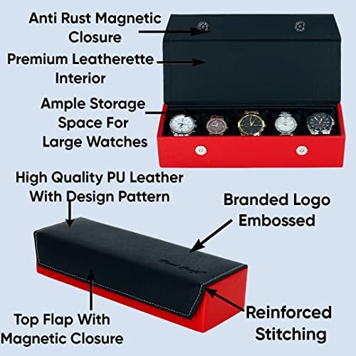 Hard Craft Watch Box Organizer Watch Case Box Organiser Jewelry, Bracelet & Accessories Collection Storage Holder Gift for 5 Slots With Premium Faux Leather Interior & Exterior For Men and Women, Red - Image 4