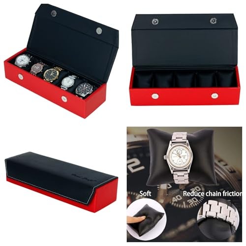 Hard Craft Watch Box Organizer Watch Case Box Organiser Jewelry, Bracelet & Accessories Collection Storage Holder Gift for 5 Slots With Premium Faux Leather Interior & Exterior For Men and Women, Red - Image 3