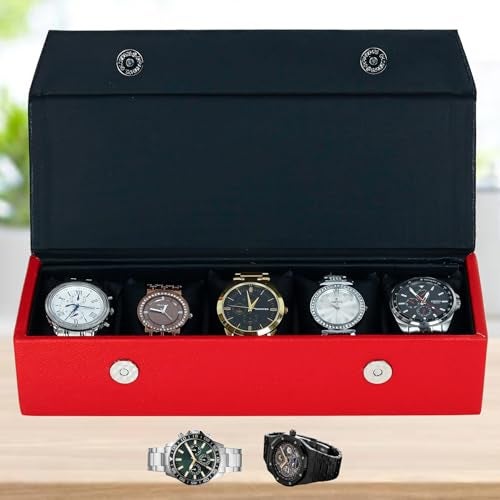 Hard Craft Watch Box Organizer Watch Case Box Organiser Jewelry, Bracelet & Accessories Collection Storage Holder Gift for 5 Slots With Premium Faux Leather Interior & Exterior For Men and Women, Red - Image 1