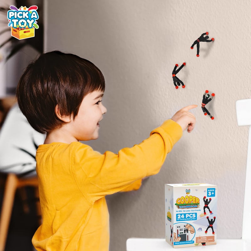 PICK A TOY 24 Sticky Wall Climbing Black Ninjas with DIY Costume Stickers â€“ Stretchy Window Crawlers, Mini Toys, Birthday Goodie Bag, Party Favors for Kids Easter Basket Stuffer - Image 5