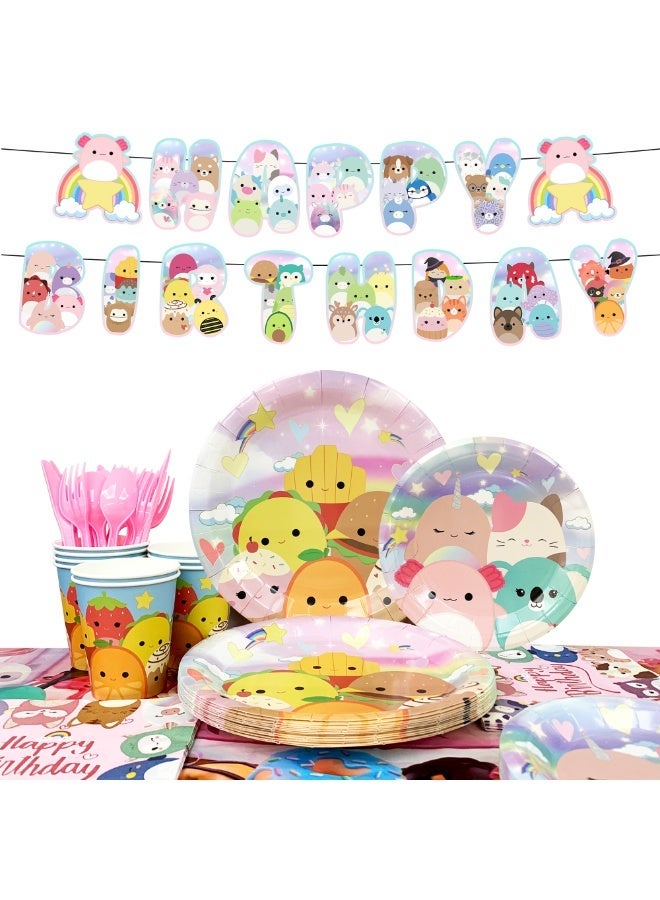 ILovhaprty Squishmallows Birthday Party Decorations for 16 Guests, 114pcs Squishmallows Party Tableware Set Include Tablecloth Banner Plates Napkins Cups for an Ultra-Soft and Cute Party Decoration Supplies - Image 1