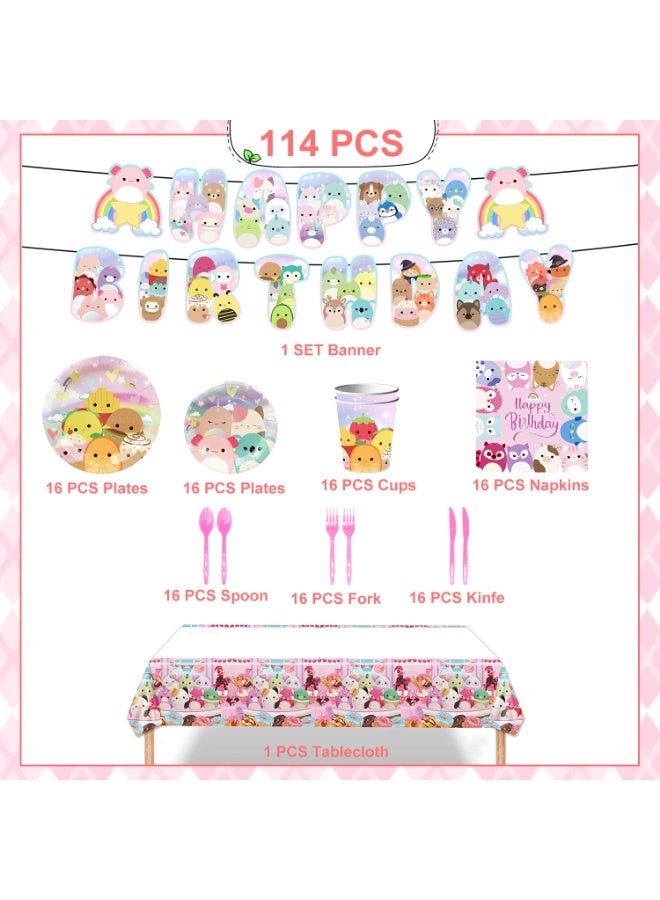 ILovhaprty Squishmallows Birthday Party Decorations for 16 Guests, 114pcs Squishmallows Party Tableware Set Include Tablecloth Banner Plates Napkins Cups for an Ultra-Soft and Cute Party Decoration Supplies - Image 3