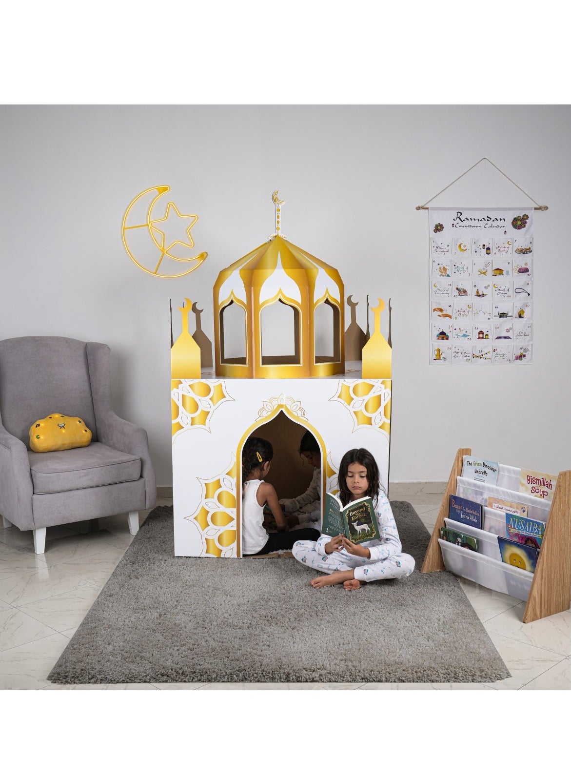 HilalFul Cardboard Gold Mosque Playhouse - | DIY Activity for Kids | Imaginative Play | For Indoor Play | Islamic Gift for Kids and Children | Eduactional and Learning Toy | Easy To Assemble 