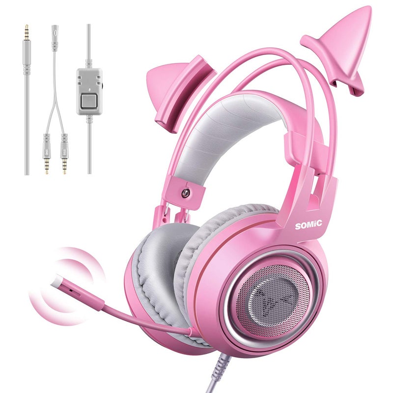 SOMIC G951s Pink Stereo Gaming Headset with Mic for PS4,Xbox,PC,Mobile Phone,3.5mm Noise Reduction Cat Ear Headphones Lightweight Over Ear Headphones for Woman - Image 1