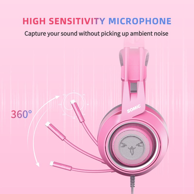 SOMIC G951s Pink Stereo Gaming Headset with Mic for PS4,Xbox,PC,Mobile Phone,3.5mm Noise Reduction Cat Ear Headphones Lightweight Over Ear Headphones for Woman - Image 3