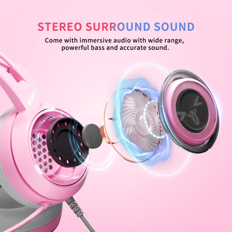 SOMIC G951s Pink Stereo Gaming Headset with Mic for PS4,Xbox,PC,Mobile Phone,3.5mm Noise Reduction Cat Ear Headphones Lightweight Over Ear Headphones for Woman - Image 2