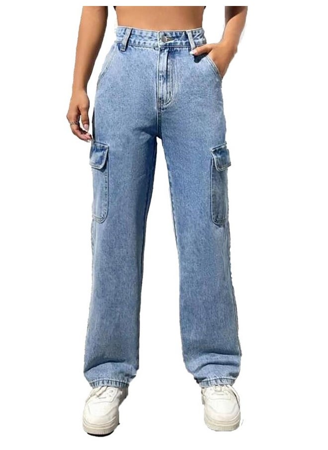 Kotty KOTTY Women's Solid High Rise Relaxed Fit Cargo Jeans Sky Blue  - Image 1