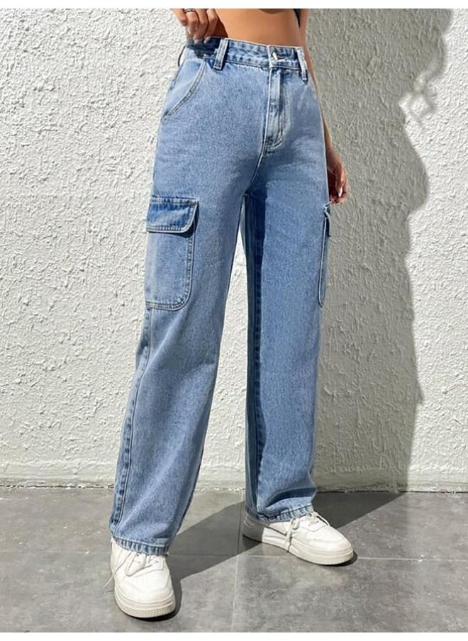 Kotty KOTTY Women's Solid High Rise Relaxed Fit Cargo Jeans Sky Blue  - Image 2