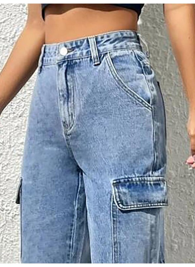 Kotty KOTTY Women's Solid High Rise Relaxed Fit Cargo Jeans Sky Blue  - Image 5