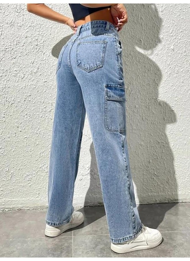 Kotty KOTTY Women's Solid High Rise Relaxed Fit Cargo Jeans Sky Blue  - Image 4
