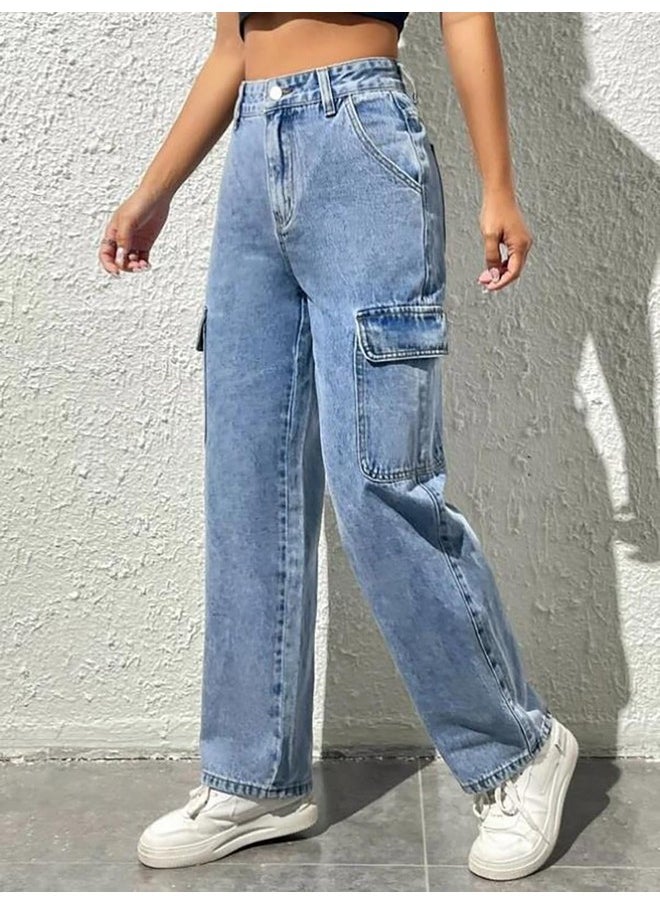 Kotty KOTTY Women's Solid High Rise Relaxed Fit Cargo Jeans Sky Blue  - Image 3