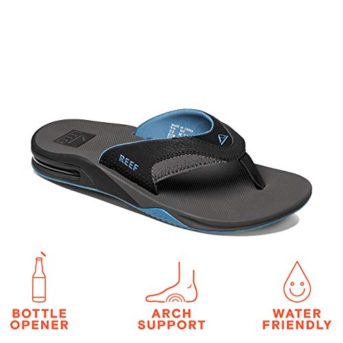 REEF Fanning Mens Bottle Opener Flip Flop, Arch Support, Durable Outsole, Water Friendly, Grey/Light Blue, 9 - Image 2