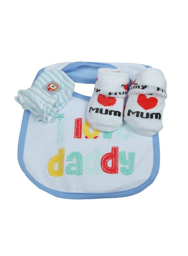 BABIES BLOOM Blue And White Baby Bib And Mittens Set (0 6 Months)  - Image 1
