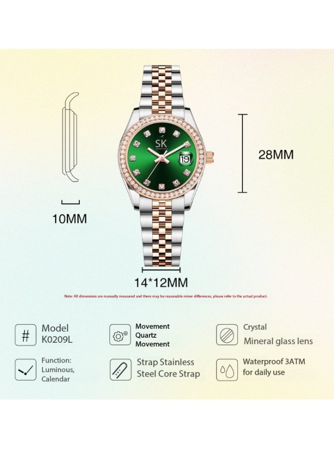 SK Shengke Women's Quartz Watch with a Steel Strap and Zircon Calendar (Green) - Image 5