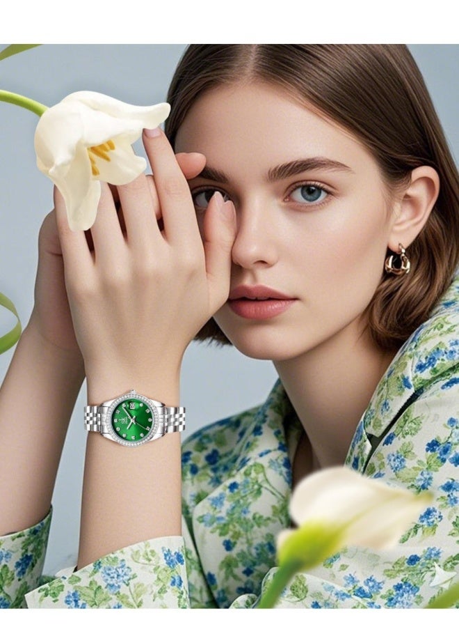 SK Shengke Women's Quartz Watch with a Steel Strap and Zircon Calendar (Green) - Image 4