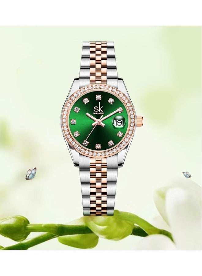SK Shengke Women's Quartz Watch with a Steel Strap and Zircon Calendar (Green) - Image 2