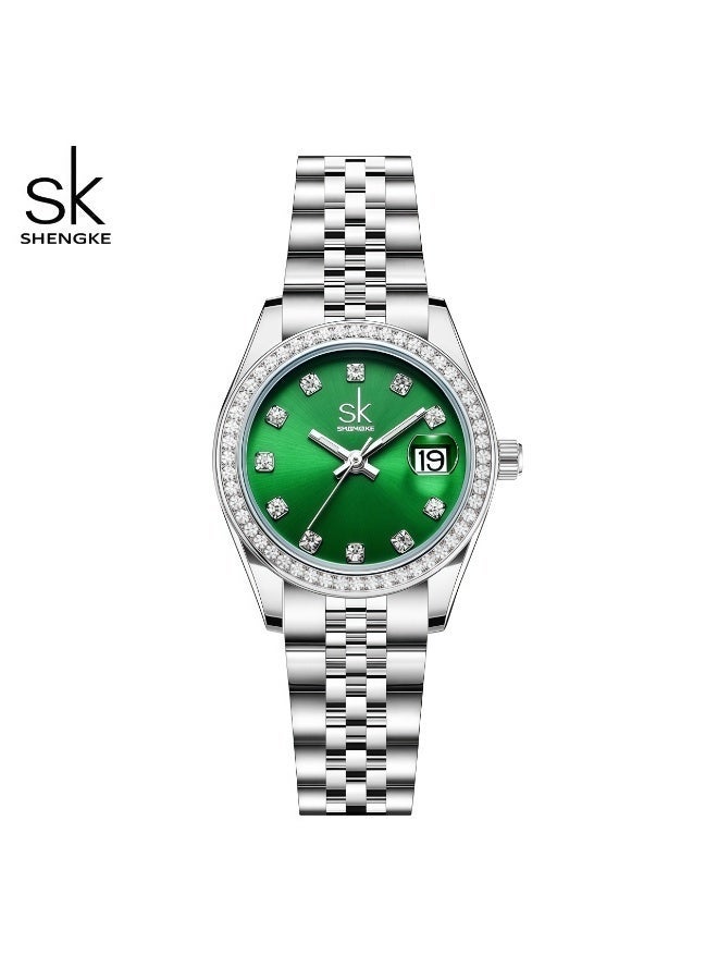 SK Shengke Women's Quartz Watch with a Steel Strap and Zircon Calendar (Green) - Image 1
