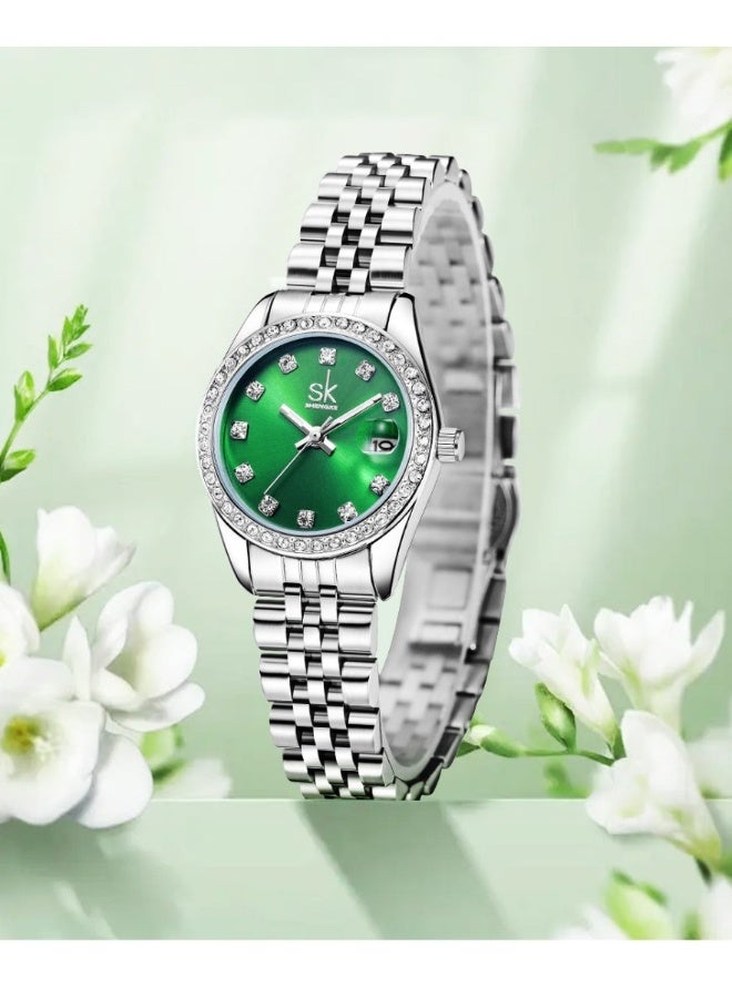 SK Shengke Women's Quartz Watch with a Steel Strap and Zircon Calendar (Green) - Image 3