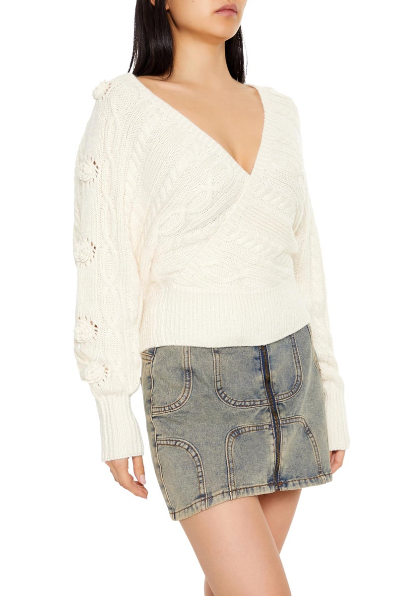 Forever 21 Women's Cable Knit Cutout Rosette Sweater Egret Small - Image 4