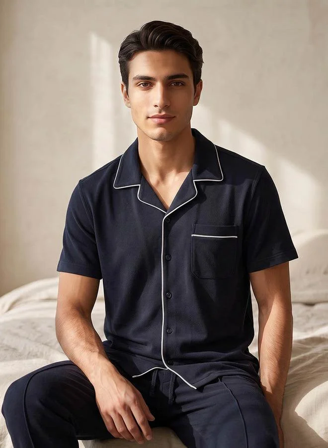 Splash FAV NAVY Cotton Piping Detail Button Front Nightwear Set for Men | Best Price UAE