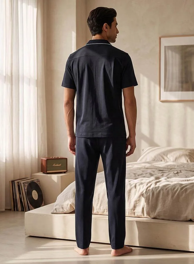 Splash FAV NAVY Cotton Piping Detail Button Front Nightwear Set for Men | Best Price UAE