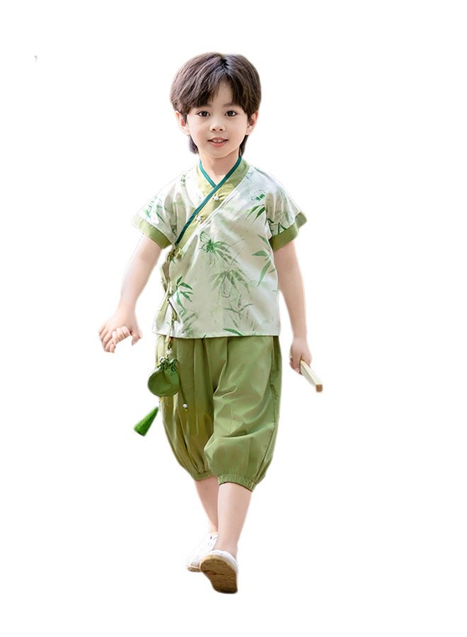 liannaner Chinese Traditional Hanfu Outfit for Boys, Bamboo Print Ancient Costume for Poetry Recital, Kids Guoxue Performance Clothing Summer Breathable - Image 4