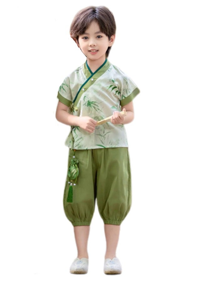 liannaner Chinese Traditional Hanfu Outfit for Boys, Bamboo Print Ancient Costume for Poetry Recital, Kids Guoxue Performance Clothing Summer Breathable - Image 1