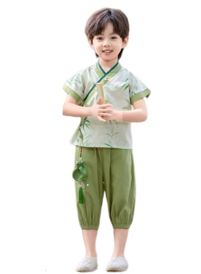 liannaner Chinese Traditional Hanfu Outfit for Boys, Bamboo Print Ancient Costume for Poetry Recital, Kids Guoxue Performance Clothing Summer Breathable - Image 2