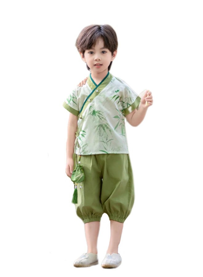 liannaner Chinese Traditional Hanfu Outfit for Boys, Bamboo Print Ancient Costume for Poetry Recital, Kids Guoxue Performance Clothing Summer Breathable - Image 3