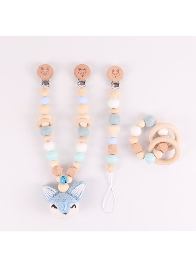 Baby Stroller Chain Pendant Three-piece Diy Colorful Cartoon Fox Wooden Grinding Stick Nipple Chain-Color:Blue (pearl Bag Packaging)-Specifications:Pacifier Chain Size: About 28cm Bracelet Size: About 10cm - Image 1