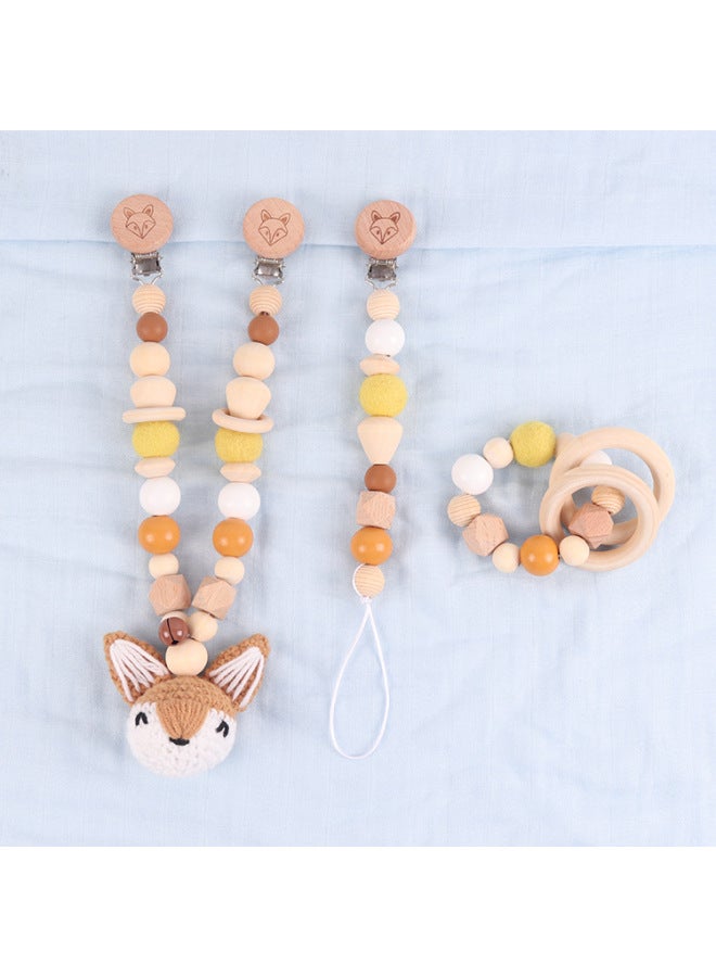 Baby Stroller Chain Pendant Three-piece Diy Colorful Cartoon Fox Wooden Grinding Stick Nipple Chain-Color:Blue (pearl Bag Packaging)-Specifications:Pacifier Chain Size: About 28cm Bracelet Size: About 10cm - Image 4