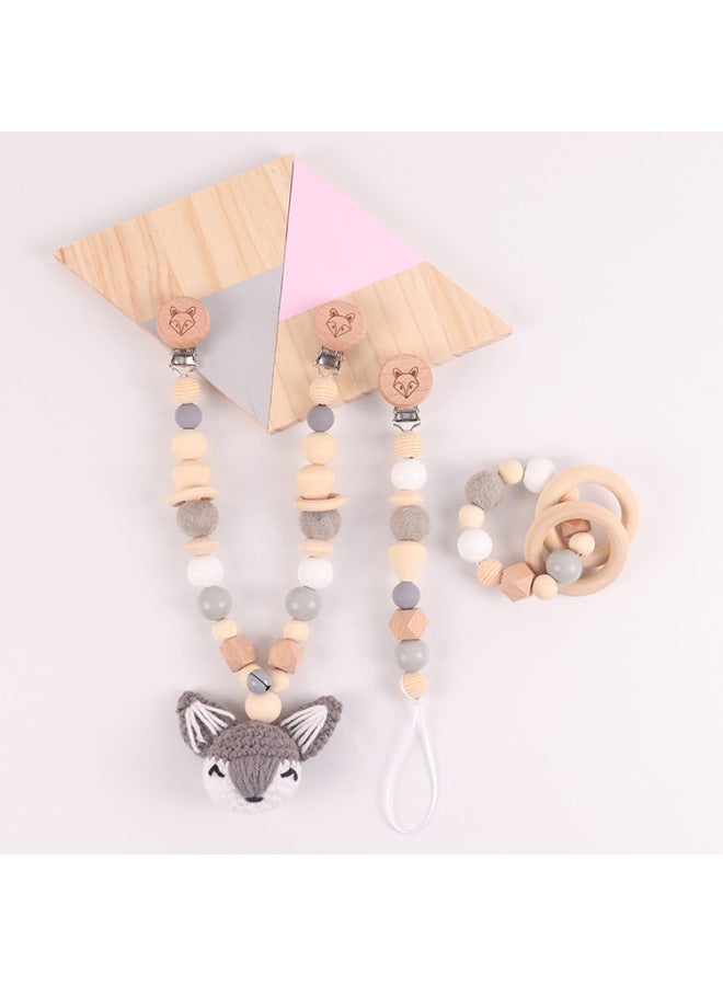 Baby Stroller Chain Pendant Three-piece Diy Colorful Cartoon Fox Wooden Grinding Stick Nipple Chain-Color:Blue (pearl Bag Packaging)-Specifications:Pacifier Chain Size: About 28cm Bracelet Size: About 10cm - Image 5