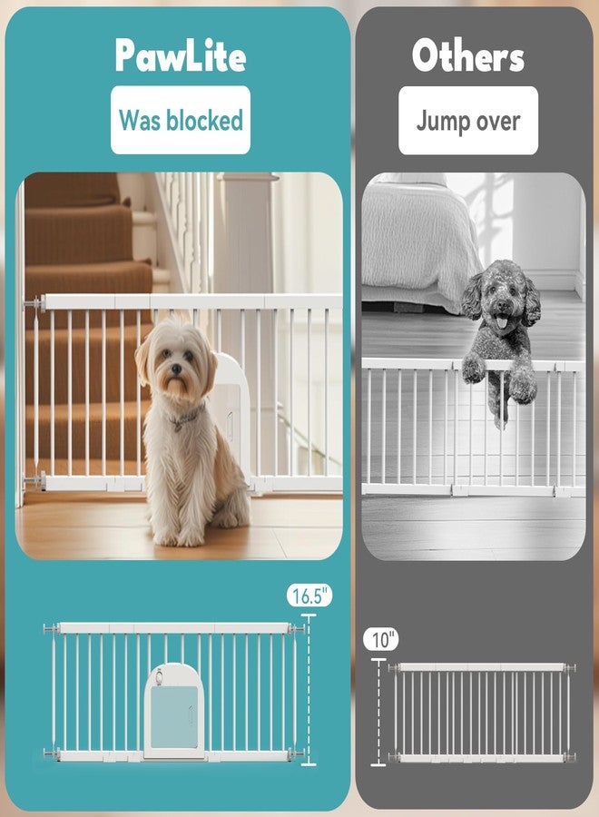 No Pawblems Dog Gate with Small Pet Door, 16"-42.7" Adjustable Metal Short Dog Gate to Step Over, 16.5" Tall Small Pet Gate with 3 Extension Kits, Pressure Mounted Gate for Doorways & Stairs, White - Image 3