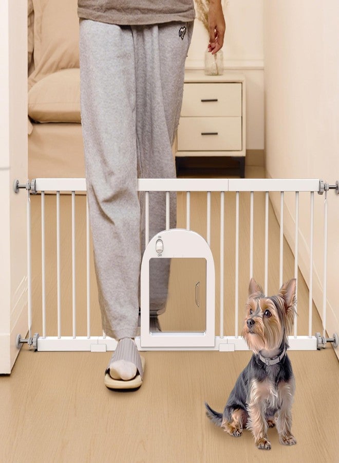 No Pawblems Dog Gate with Small Pet Door, 16"-42.7" Adjustable Metal Short Dog Gate to Step Over, 16.5" Tall Small Pet Gate with 3 Extension Kits, Pressure Mounted Gate for Doorways & Stairs, White - Image 1