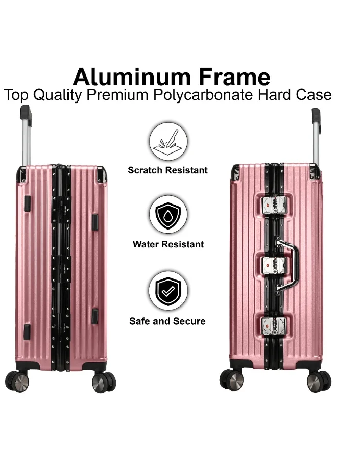 CABINPRO Lightweight Aluminum Frame Fashion Luggage Trolley Polycarbonate Hard Case Carry On Suitcase with 4 Quite 360 Degree Double Spinner Wheels CP001 Rose Gold