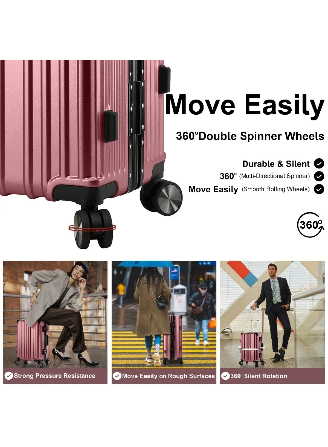 CABINPRO Lightweight Aluminum Frame Fashion Luggage Trolley Polycarbonate Hard Case Carry On Suitcase with 4 Quite 360 Degree Double Spinner Wheels CP001 Rose Gold