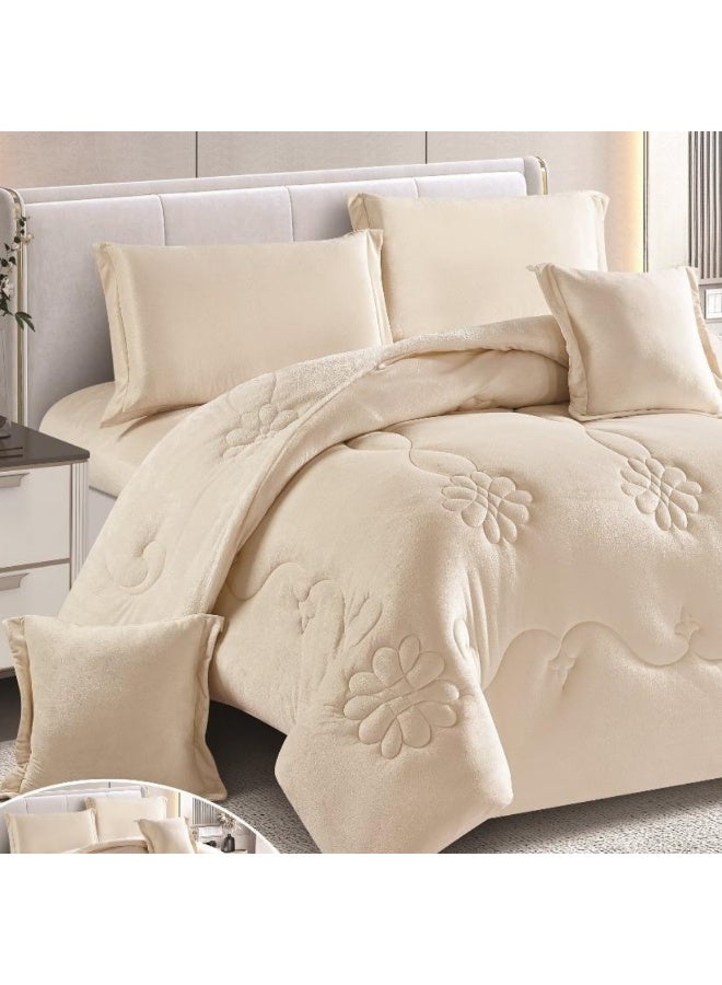 سمارت هوم مفرش شتوي نفرين نظام وجهين - وجه من المخمل ووجه مايكروفايبر، طقم مفارش بحشوة دبل ، طقم نوم يتكون من 6 قطع ( 1 مفرش بحشوة +1 شرشف مطاط للمرتبة + 2 كيس مخدة +2 كيس للوسادة المربعة ) مقاس المفرش 230X250 سم ومقاس المغاط 200X200 سم ( اللون نفس الصورة) - Image 2