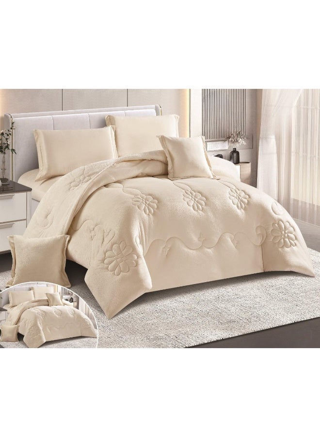 سمارت هوم مفرش شتوي نفرين نظام وجهين - وجه من المخمل ووجه مايكروفايبر، طقم مفارش بحشوة دبل ، طقم نوم يتكون من 6 قطع ( 1 مفرش بحشوة +1 شرشف مطاط للمرتبة + 2 كيس مخدة +2 كيس للوسادة المربعة ) مقاس المفرش 230X250 سم ومقاس المغاط 200X200 سم ( اللون نفس الصورة) - Image 1