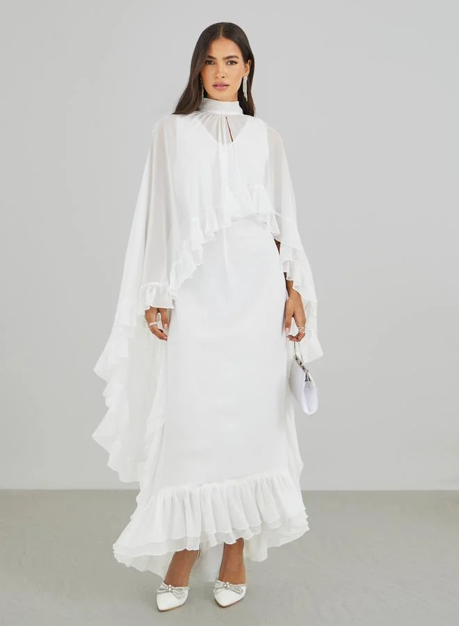 Styli Styli Ruffled Cape Sleeve High Neck Maxi Dress