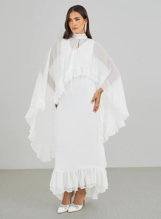 Styli Styli Ruffled Cape Sleeve High Neck Maxi Dress