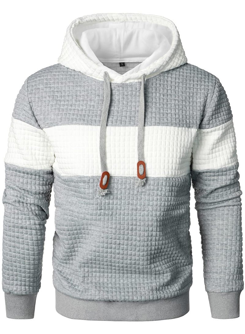Qichic Men's Hooded Sweatshirt Casual Long Sleeve Drawstring Waffle Knit Pullover Hoodies LightGrey XXXL - Image 3