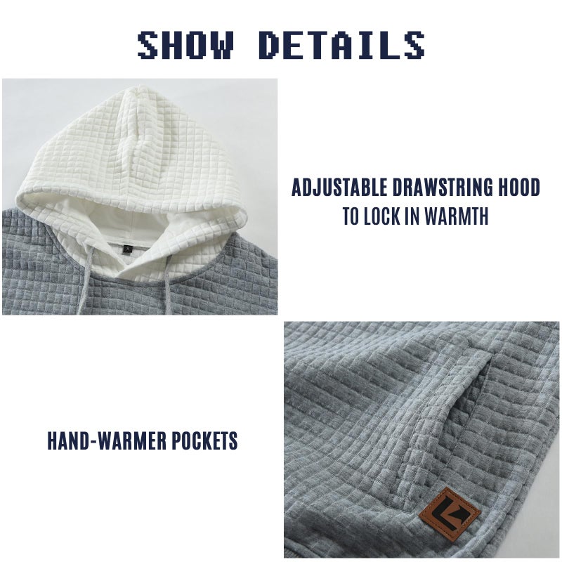 Qichic Men's Hooded Sweatshirt Casual Long Sleeve Drawstring Waffle Knit Pullover Hoodies LightGrey XXXL - Image 5