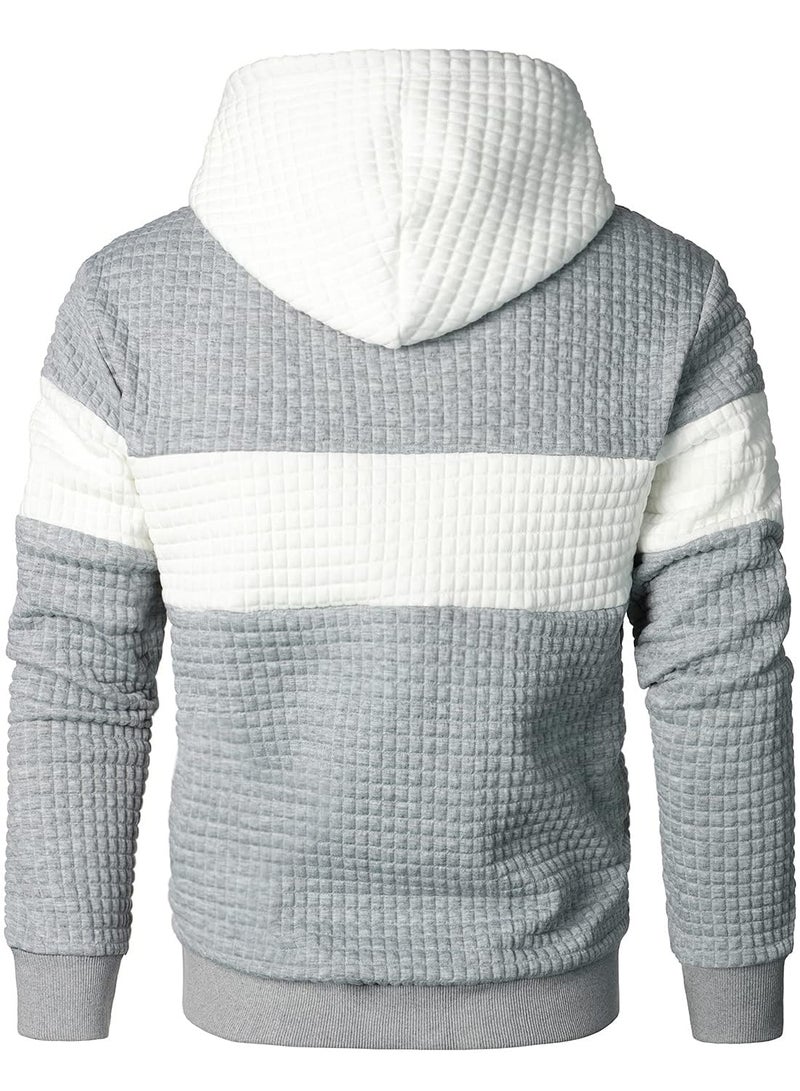 Qichic Men's Hooded Sweatshirt Casual Long Sleeve Drawstring Waffle Knit Pullover Hoodies LightGrey XXXL - Image 4