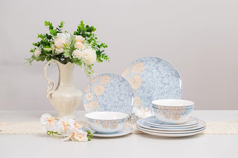 FHGNYSM High Bone China Dinnerware Set, 12-Piece Artistic Blue Plates and Bowls, Lightweight & Chip Resistant Ceramic Service for 4, Dishwasher Safe Elegant Kitchen Dining - Image 1