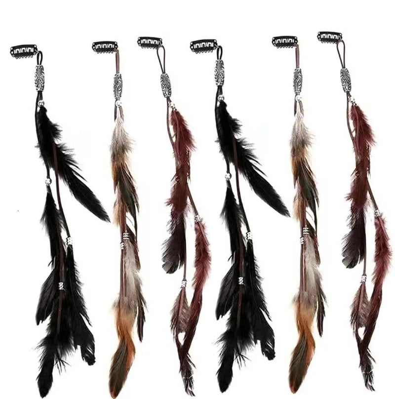 Aosome Feather Hair Clip Extensions Handmade Feather Extension Tribal Feather Braided Beads Headdress 6 PCS