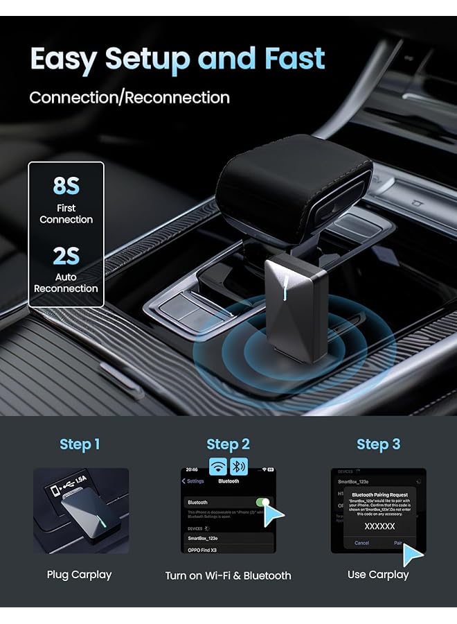 KASTWAVE Wireless Caplay Adapter, Convert Wired To Wireless Carplay Adapter, Auto Car Play Wireless Dongle With Ios10+ / Android 11+, Support Ota, Black - Image 4